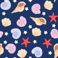 Shell seamless pattern on dark background. Cute minimal ocean, sea pattern. Vector illustration.