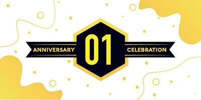 01 years anniversary logo vector design with yellow geometric shape with black and abstract design on white background template