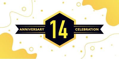 14 years anniversary logo vector design with yellow geometric shape with black and abstract design on white background template