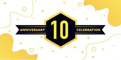 10 years anniversary logo vector design with yellow geometric shape with black and abstract design on white background template