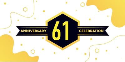 61 years anniversary logo vector design with yellow geometric shape with black and abstract design on white background template