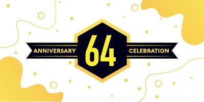 64 years anniversary logo vector design with yellow geometric shape with black and abstract design on white background template