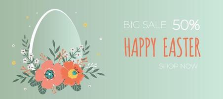 Happy easter sale banner. Flowers with the easter egg on green background. Can be add text. vector