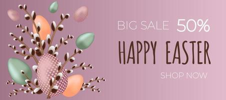 Happy easter sale banner. Willow branch with the easter eggs on purple background. Can be add text. vector