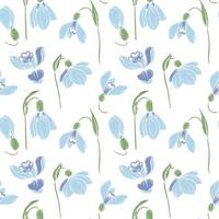 Seamless pattern background with  first spring flowers. Snowdrops vector color graphic illustration