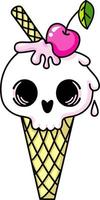 Ice cream with a cute Scull. Image of ice cream in a waffle bowl in the form of a skull. Color  ice cream with skull head. Design concept for tattoo vector