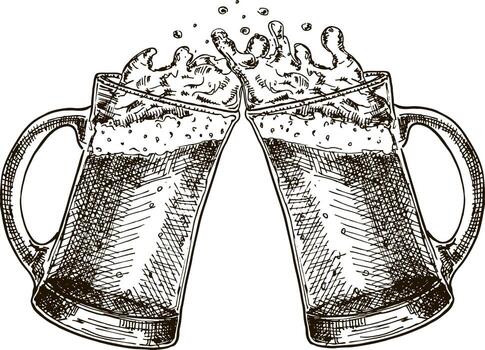 two mugs of beer. Drinks with a lot of foam. Two hand drawn clinking beer mugs with foam. vector