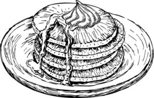 Stack of pancakes with maple syrup and piece of butter. Breakfast pancakes with syrup and butter on a plate sketch vector