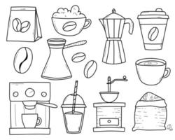 Set of coffee in doodle style. Linear collection of elements for making coffee. Vector illustration. Coffee time. Coffee grinder, maker, machine, beans,cup.