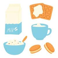 desayuno conjunto en plano estilo. colección de gofres, leche, galletas, papilla. vector ilustración. lechería desayuno.