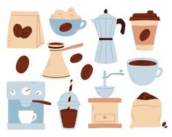 Coffee set in flat style. Hand drawn collection of elements for making coffee. vector illustration. coffee break. .