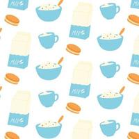 Seamless pattern with dairy products. Print for fabric with porridge, cookies and milk. Vector illustration. Flat style.