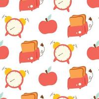 Seamless pattern good morning in a flat style. Print with toaster, alarm clock and apple. Vector illustration. Kitchen print.