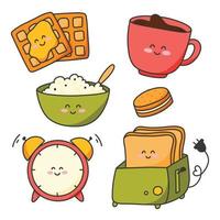 Set of good morning elements in kawaii style. Vector illustration. Collection of food for breakfast in cartoon style.