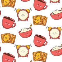 Seamless pattern with good morning in kawaii style. Print with porridge, tea and waffles. Vector illustration. Cartoon style.