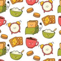 Seamless pattern with good morning in kawaii style. Print with porridge, tea and waffles. Vector illustration. Cartoon style.