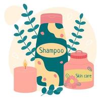 A set of elements for the home and bathroom - shampoo, cream, burning candle. vector