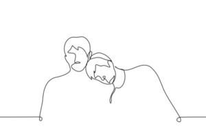 man put his head on the shoulder of a sitting man next to him - one line drawing vector. the concept of friendship, support, skinship vector