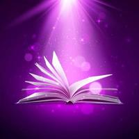 Mystery open book. Fantasy book with magic light and sparkles. Vector illustration