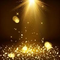 Light rays and golden falling glittering dust. Magic background. Shiny spotlight or scene. Blurred lights bokeh. Vector illustration