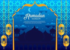 un póster para Ramadán kareem con un azul antecedentes y un bandera para Ramadán Talla a4 vector