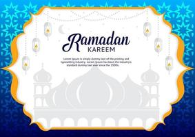 ramadan kareem greeting card with a mosque and lights white background size A4 vector