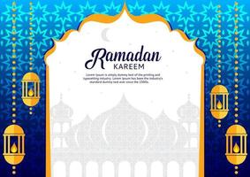 ramadan kareem greeting card with a frame and a mosque in the middle white background size A4 vector