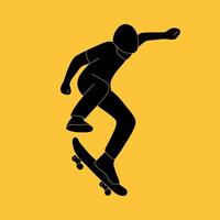 Teenager makes a jump on a skateboard. Black silhouette of a young man in a helmet with a skate on a yellow background. Vector illustration.