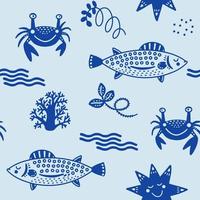 Cute kids Scandinavian seamless pattern with funny sea creatures. Fish, crab, coral and star. Cartoon illustration with doodles for baby shower, nursery decor, children's design. Vector. vector