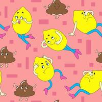 Background with funny characters. Bright seamless vector pattern with lemon, kawaii poop in a trendy retro cartoon flat style.