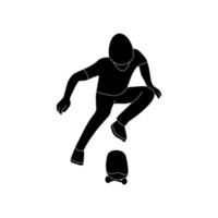 Teenager makes a jump on a skateboard. Black silhouette of a young man in a helmet with a skate on a white background. Vector illustration.