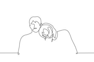 woman put head on the shoulder of a sitting man next to her - one line drawing vector. the concept of friendship, support, skinship vector