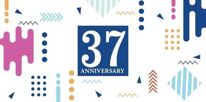 37 años aniversario celebracion logotipo blanco números fuente en azul forma con vistoso resumen diseño en blanco antecedentes vector ilustración