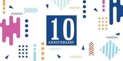 10 años aniversario celebracion logotipo blanco números fuente en azul forma con vistoso resumen diseño en blanco antecedentes vector ilustración