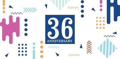 36 años aniversario celebracion logotipo blanco números fuente en azul forma con vistoso resumen diseño en blanco antecedentes vector ilustración