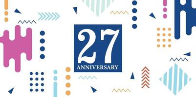 27 years anniversary celebration logotype white numbers font in blue shape with colorful abstract design on white background vector illustration