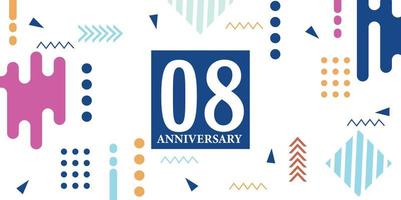 08 años aniversario celebracion logotipo blanco números fuente en azul forma con vistoso resumen diseño en blanco antecedentes vector ilustración