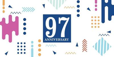 97 years anniversary celebration logotype white numbers font in blue shape with colorful abstract design on white background vector illustration