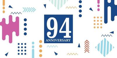 94 years anniversary celebration logotype white numbers font in blue shape with colorful abstract design on white background vector illustration