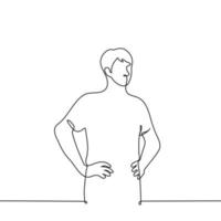 man stands with his hands on his hips - one line drawing vector. concept listen or observe in a confident posture vector