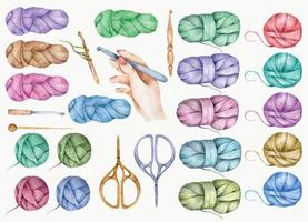 Vector knitting logo concept watercolor illustration, knitting and crocheting tools set