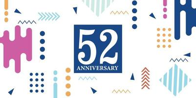 52 years anniversary celebration logotype white numbers font in blue shape with colorful abstract design on white background vector illustration