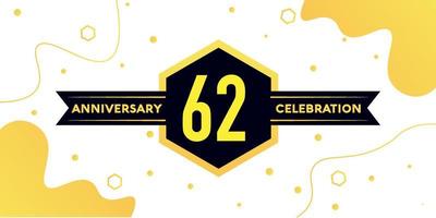 62 years anniversary logo vector design with yellow geometric shape with black and abstract design on white background template