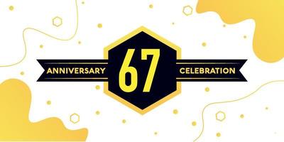 67 years anniversary logo vector design with yellow geometric shape with black and abstract design on white background template