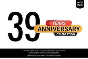 39th anniversary celebration logotype black yellow colored with text in gray color isolated on white background vector template design