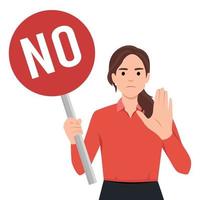 Stop sign and rejection concept. Young serious woman cartoon character standing with red sign stop in hands and showing her palm with refusing emotion vector