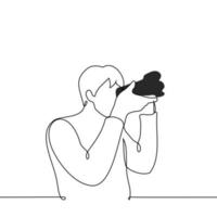 man holding professional camera with camera hood - one line drawing vector. concept professional photographer in the process of work vector