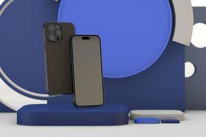 Two black Phone 14 pro on modern scene with podium photo