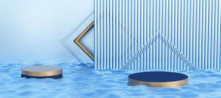 azul cilindro podio con decorativo piscina agua textura. estar a espectáculo productos moderno pedestal monitor con Copiar espacio. bandera tamaño. sitio web cubrir modelo. 3d representación. foto