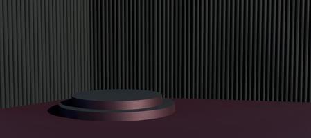 Dark purple cylinder podium with decorative objects.  Stand to show products. Modern pedestal display with copy space. Banner size. Website cover template. 3D rendering. photo